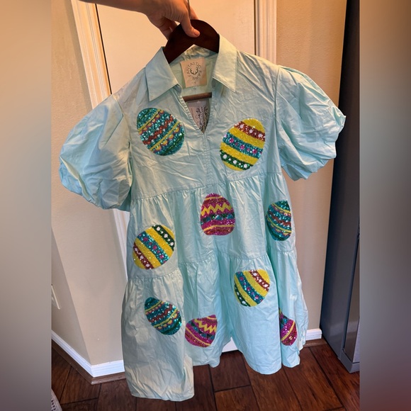 Fantastic Fawn Easter Egg Sequin Mini Dress Pastel Blue Puff Sleeve Tiered S - Picture 3 of 8